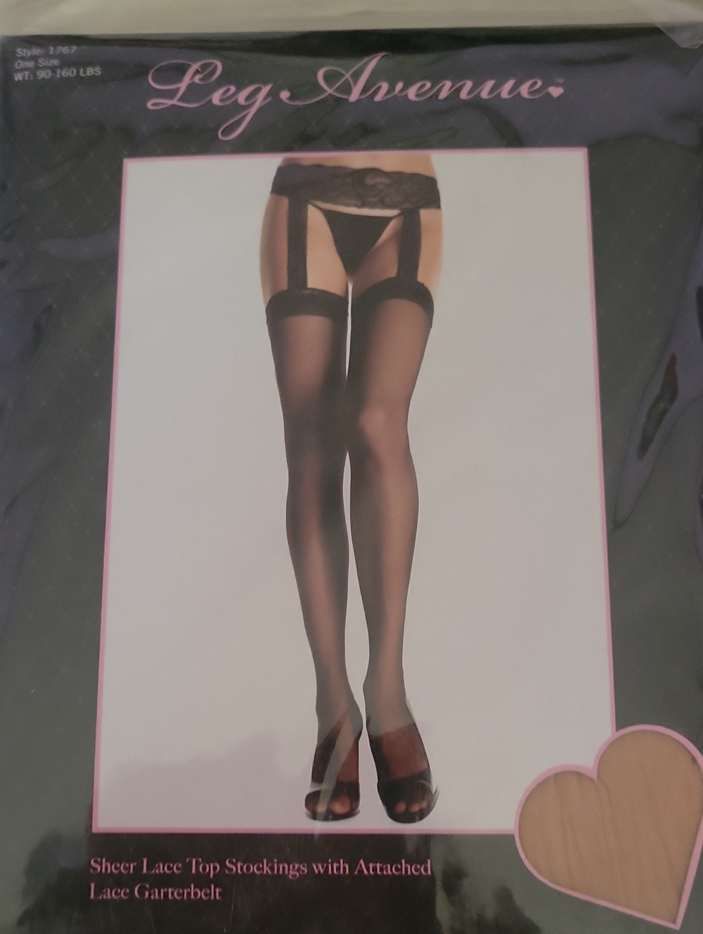 2 Pair Leg Avenue Black Sheer Lace-Top Stockings with Attached Lace Garterbelt